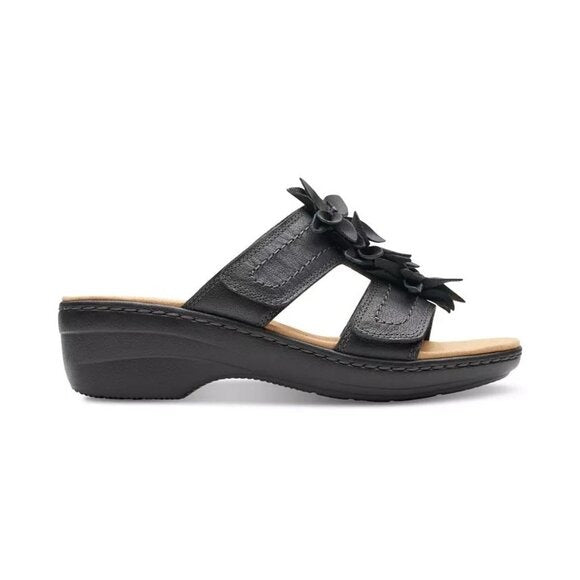 Clarks Merliah Raelyn Flower Wedge Sandals Black Leather MSRP $100