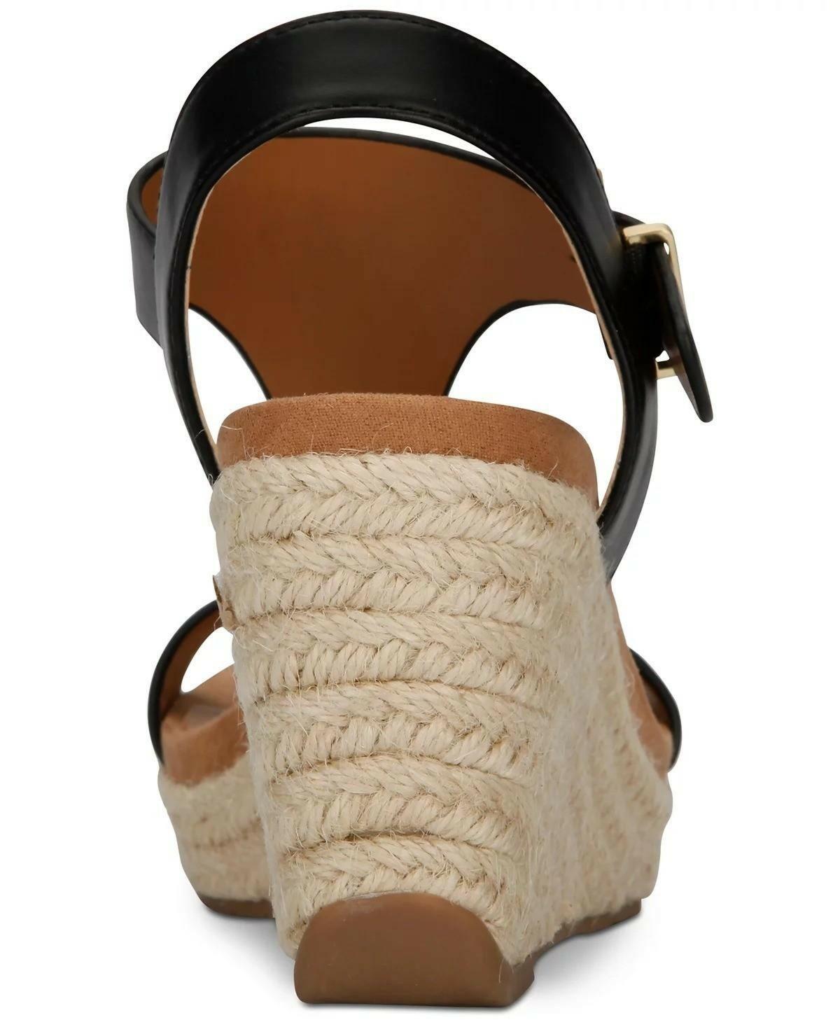 Kenneth Cole Reaction Card Wedge Espadrille Sandals Women’s T-Strap Shoes Black