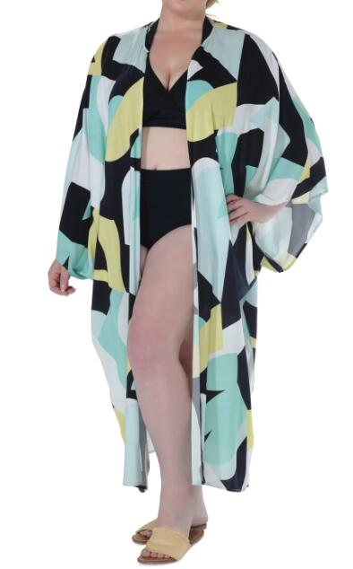 Raviya Plus Size Printed Open Front Kimono Cover Up 2X Yellow $58
