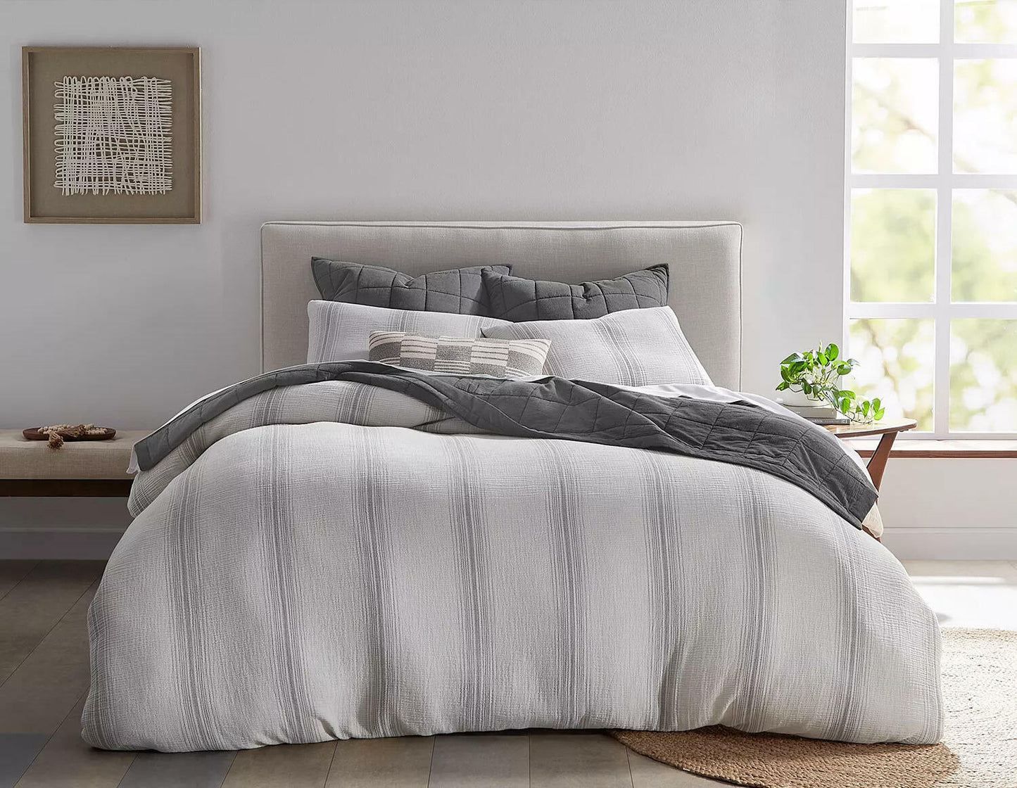 Oake Artisanal Stripe 3 Piece King Comforter Set Grey Cotton Gauze MSRP $290