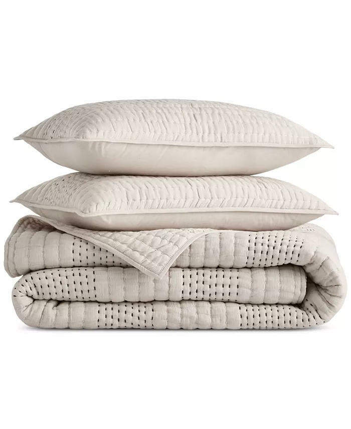 Oake Pick Stitch King Coverlet Set Beige Black 3 Piece Cotton MSRP $335