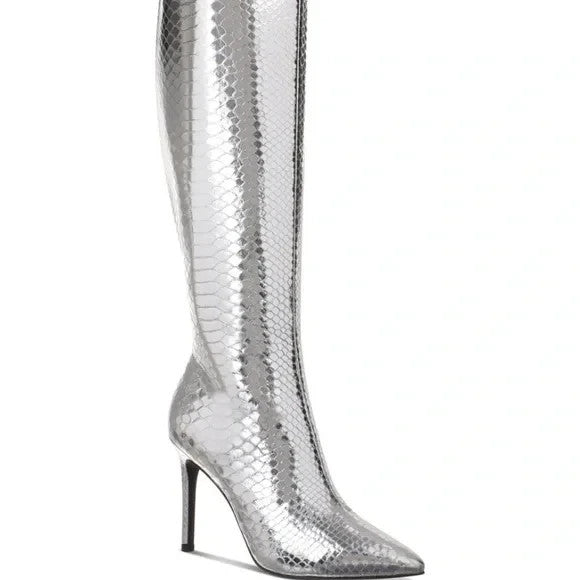 I.N.C. Rajel Snake Print Knee High Boots Silver 6 Stiletto Heel $99