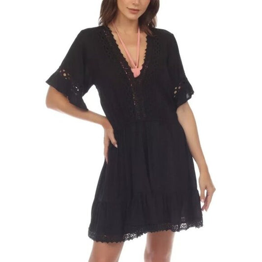 Raviya Womens V Neck Lace Trim Dress Cover Up Black 3X MSRP $58