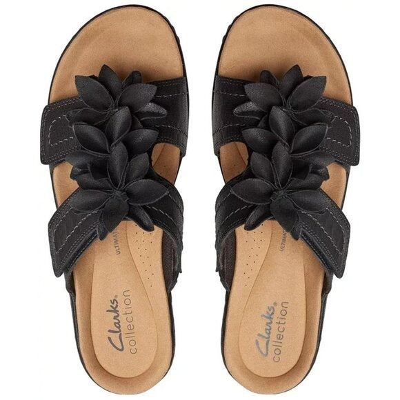 Clarks Merliah Raelyn Flower Wedge Sandals Black Leather MSRP $100