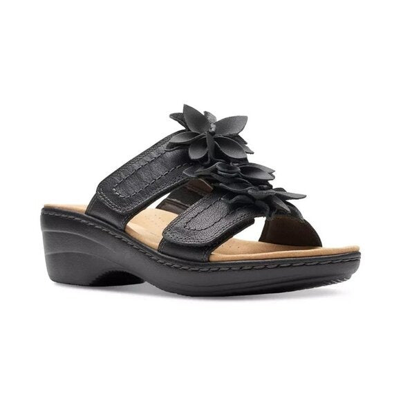 Clarks Merliah Raelyn Flower Wedge Sandals Black Leather MSRP $100