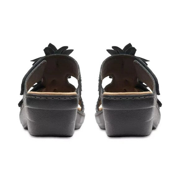 Clarks Merliah Raelyn Flower Wedge Sandals Black Leather MSRP $100