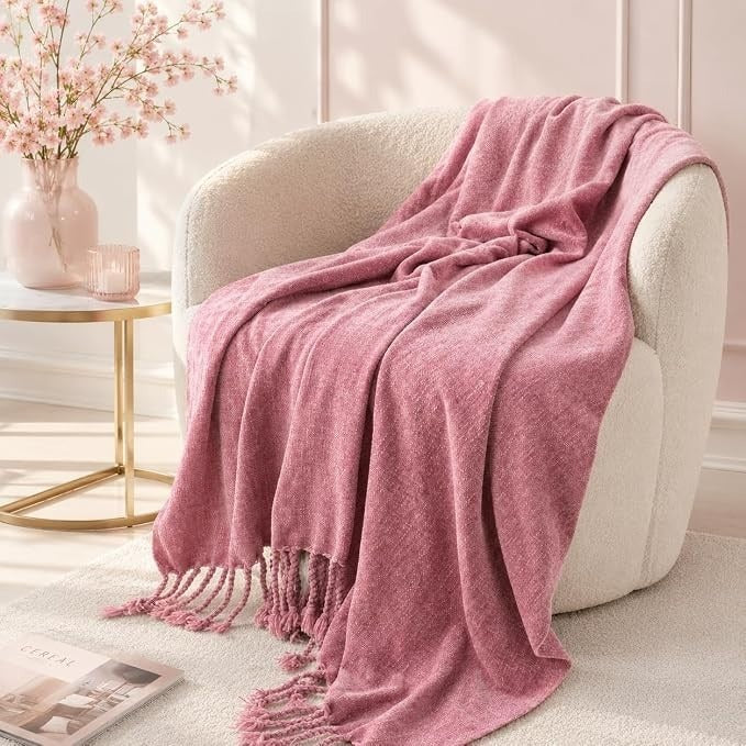 BATTILO HOME Pink Chenille Throw Blanket for Couch, Soft Cozy Textured Knit