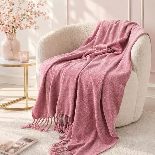 BATTILO HOME Pink Chenille Throw Blanket for Couch, Soft Cozy Textured Knit