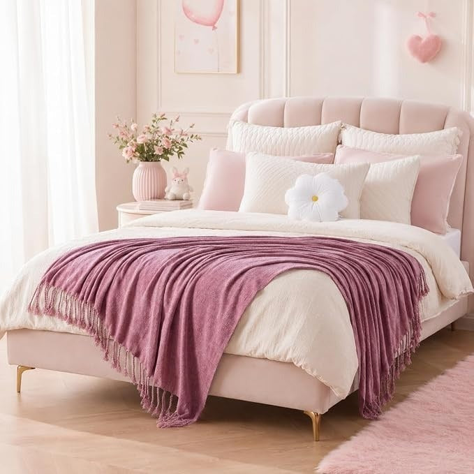 BATTILO HOME Pink Chenille Throw Blanket for Couch, Soft Cozy Textured Knit