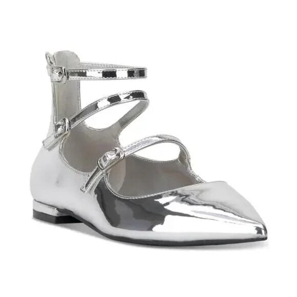 I.N.C. Valan Triple Strap Silver Flats Women's Pointed Toe Zip Back $80