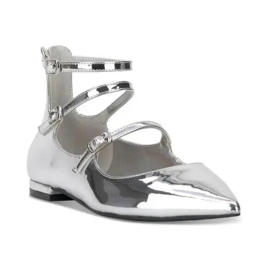 I.N.C. Valan Triple Strap Silver Flats Women's Pointed Toe Zip Back $80