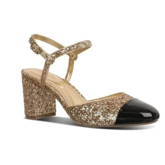 On 34th Dotti Cap Toe Block Heel Pumps Gold Black Ankle Strap $70