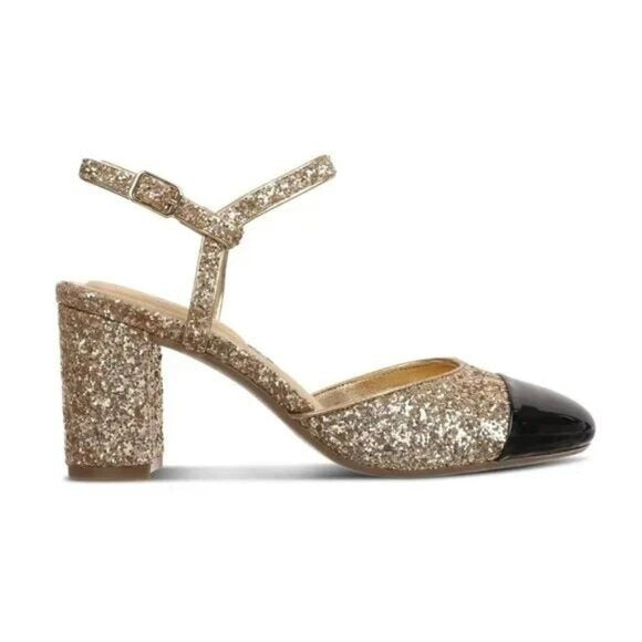On 34th Dotti Cap Toe Block Heel Pumps Gold Black Ankle Strap $70