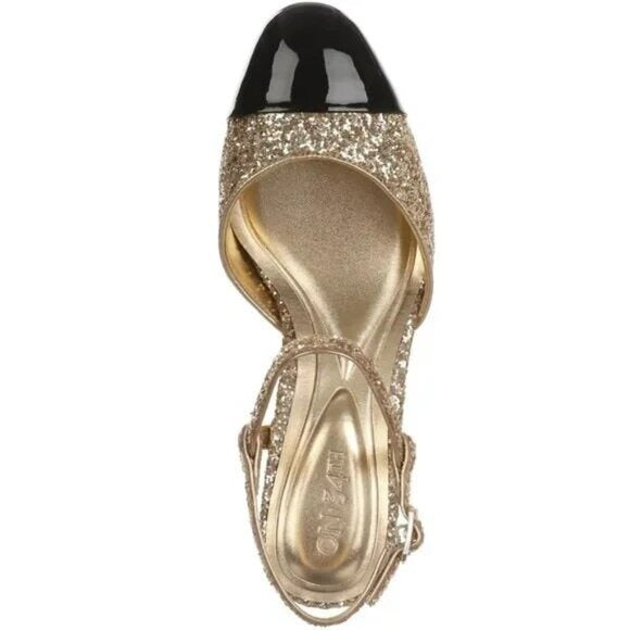 On 34th Dotti Cap Toe Block Heel Pumps Gold Black Ankle Strap $70