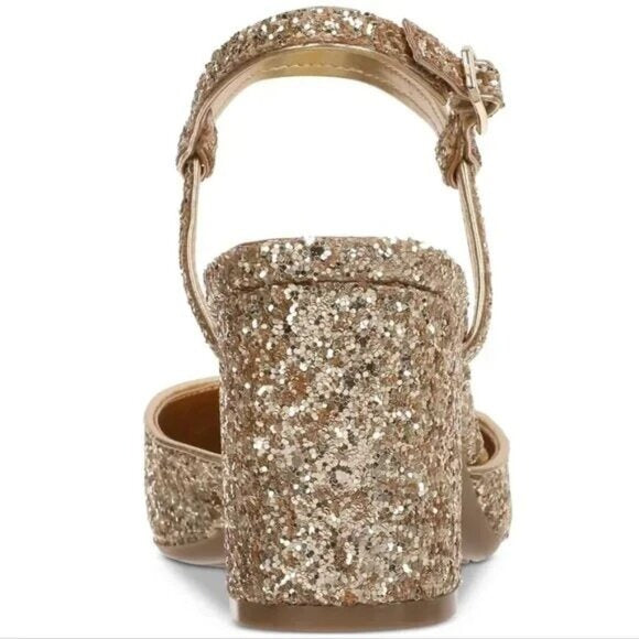 On 34th Dotti Cap Toe Block Heel Pumps Gold Black Ankle Strap $70