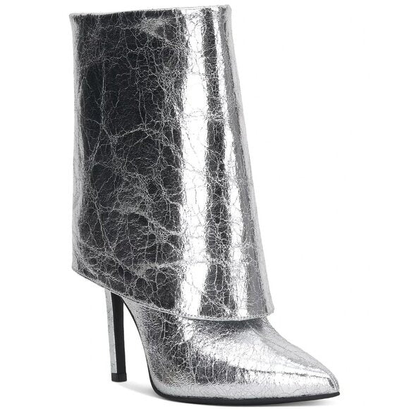 INC Womens Sabeel Cuff Stiletto Booties Silver Crinkle 8.5 MSRP $99