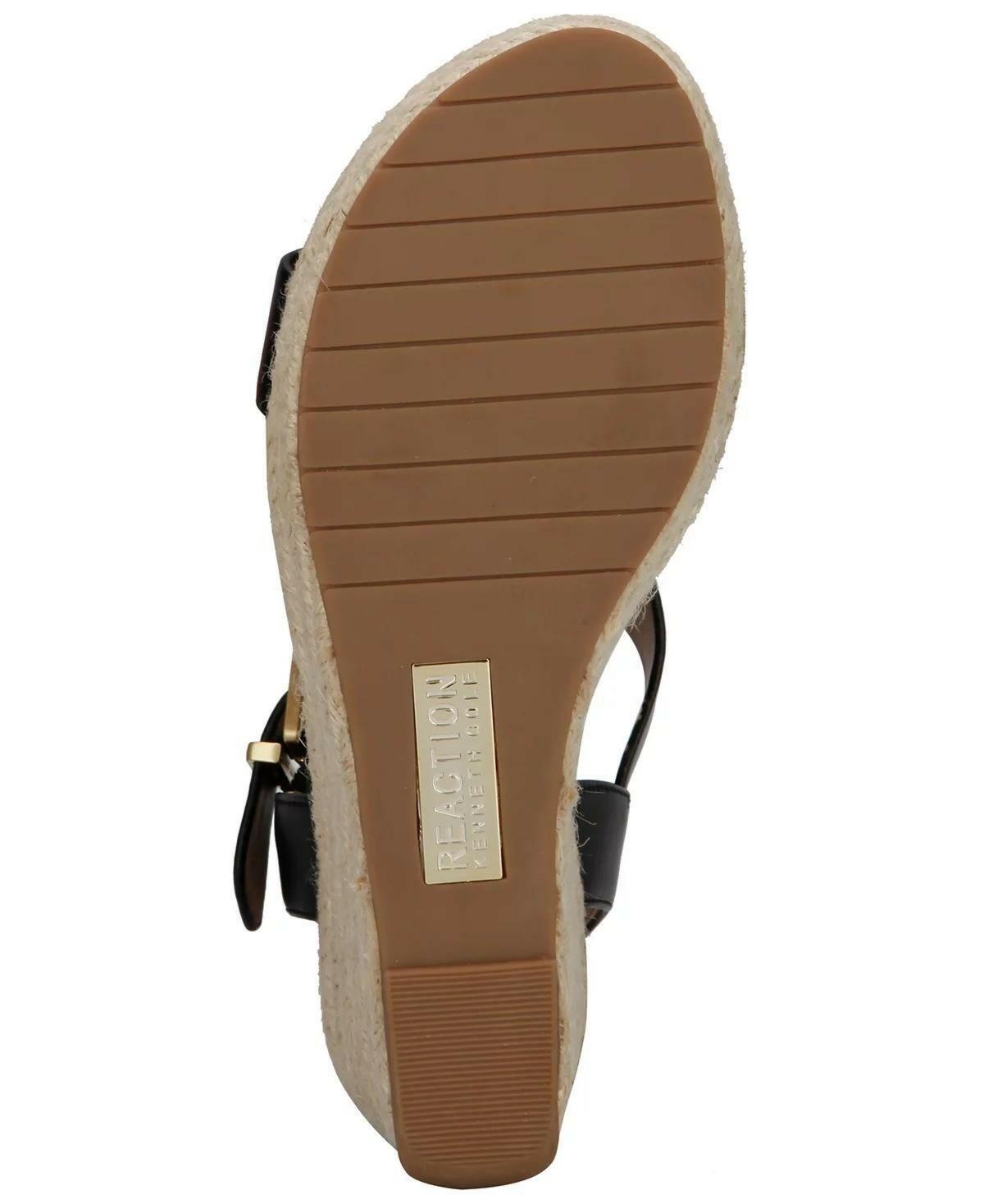 Kenneth Cole Reaction Card Wedge Espadrille Sandals Women’s T-Strap Shoes Black