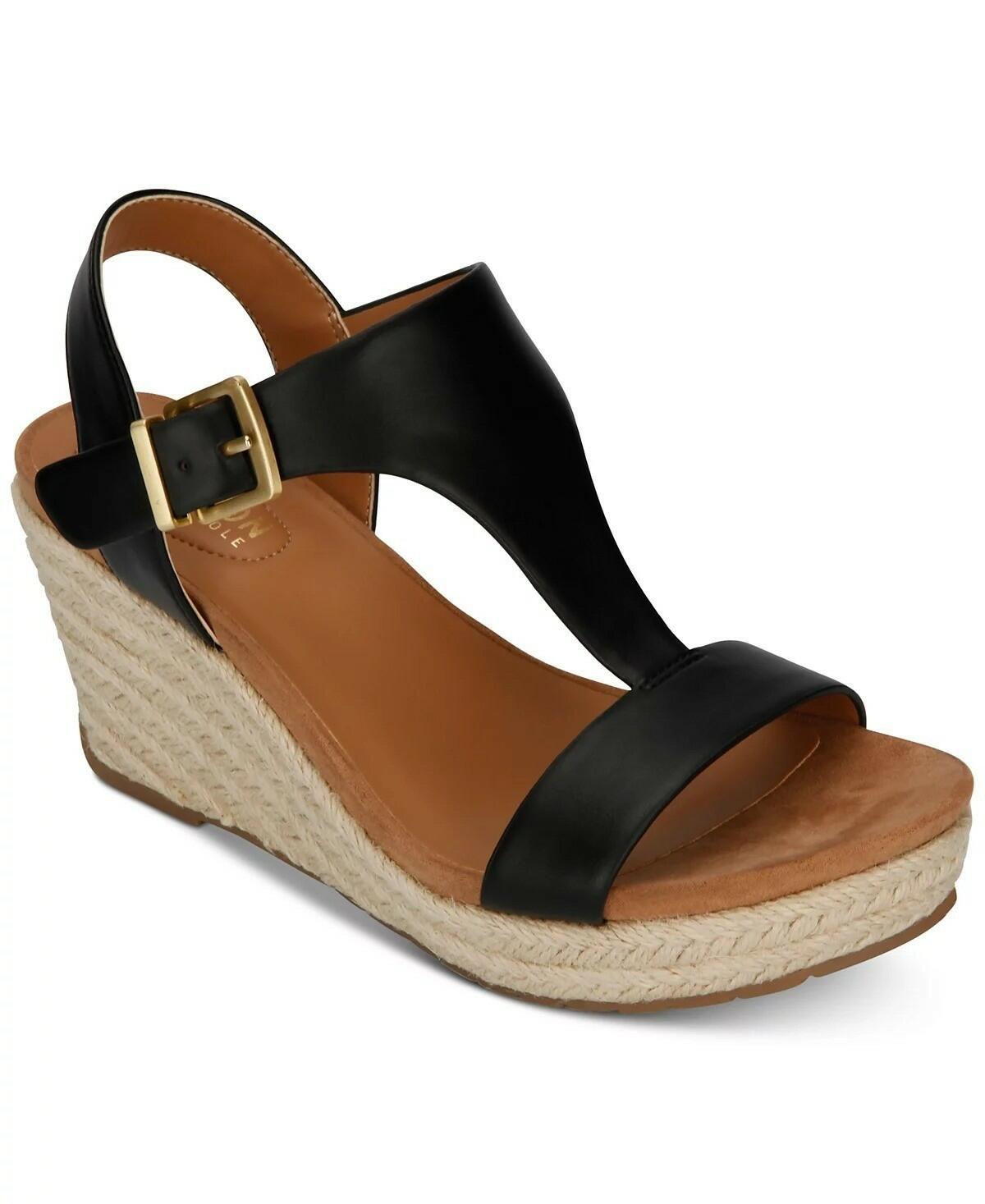 Kenneth Cole Reaction Card Wedge Espadrille Sandals Women’s T-Strap Shoes Black