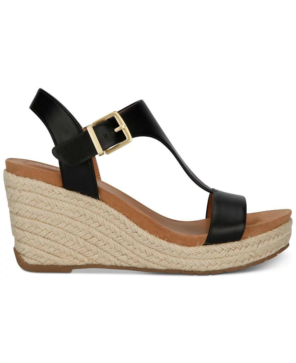 Kenneth Cole Reaction Card Wedge Espadrille Sandals Women’s T-Strap Shoes Black
