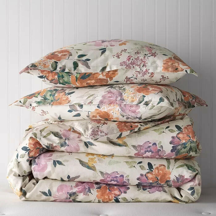 Sky Harper Autumnal Floral Duvet Cover Queen Beige Tan Pink MSRP $345