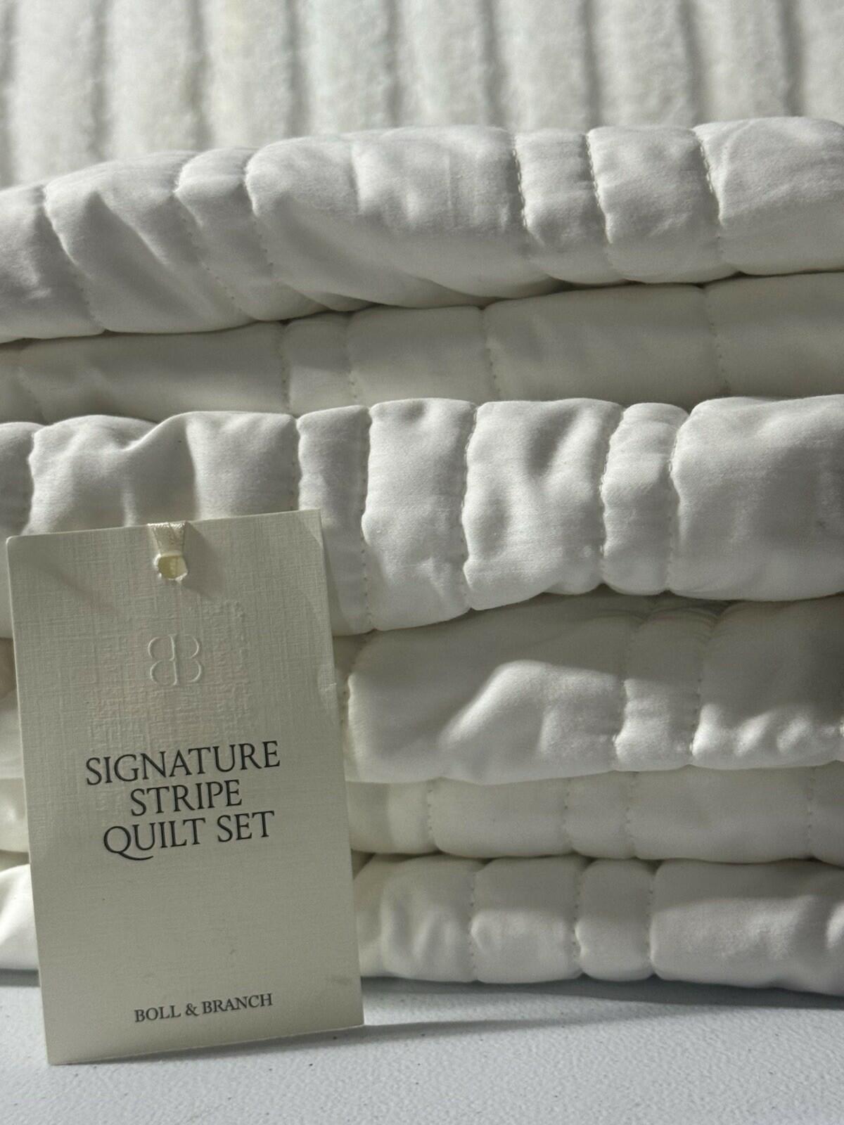 Boll & Branch Signature Stripe Quilt Set Queen White New MSRP $439