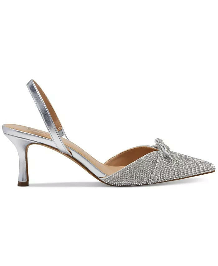 INC Womens Gelsey Slingback Kitten Heel Pumps Silver Crystal 6 $99