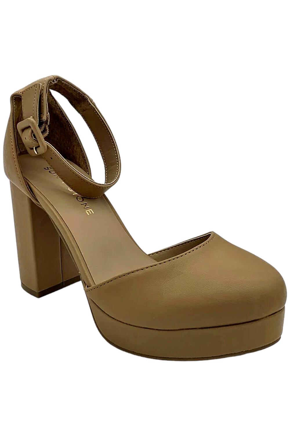 Sun + Stone Birdey Block Heel Platform Pumps Tan Nude Size 8 Buckle $89