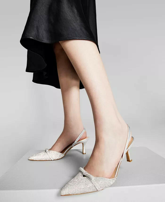 INC Womens Gelsey Slingback Kitten Heel Pumps Silver Crystal 6 $99