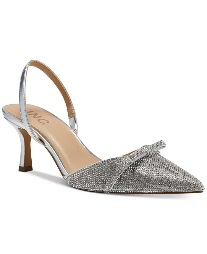 INC Womens Gelsey Slingback Kitten Heel Pumps Silver Crystal 6 $99