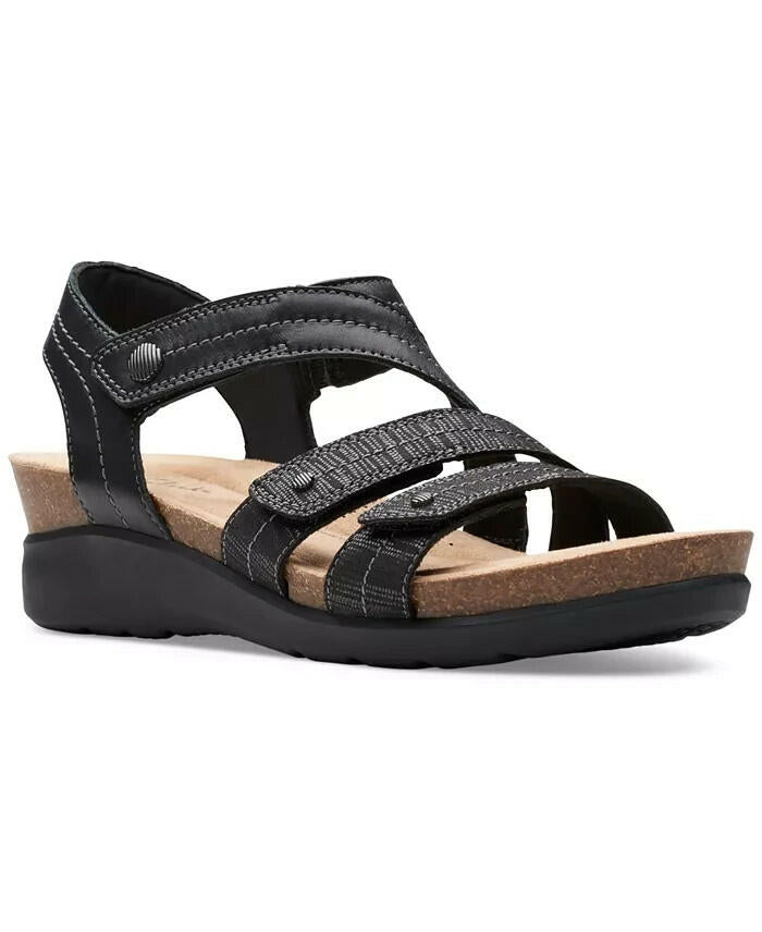 Clarks Calenne Clara Strappy Wedge Sandals Leather 7 Black MSRP $95