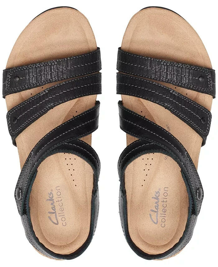Clarks Calenne Clara Strappy Wedge Sandals Leather 7 Black MSRP $95