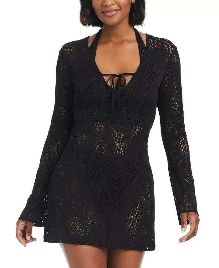Bar III Womens Crochet Plunge Neck Cover Up Dress M Black MSRP $88