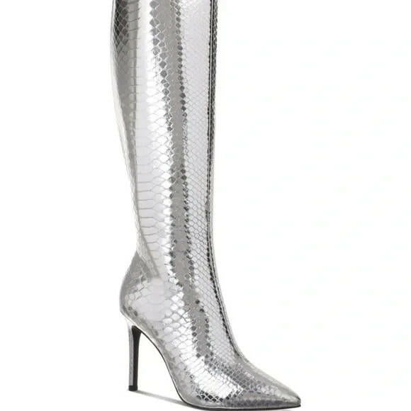 I.N.C. Rajel Snake Print Knee High Boots Silver 7.5 Stiletto Heel $99
