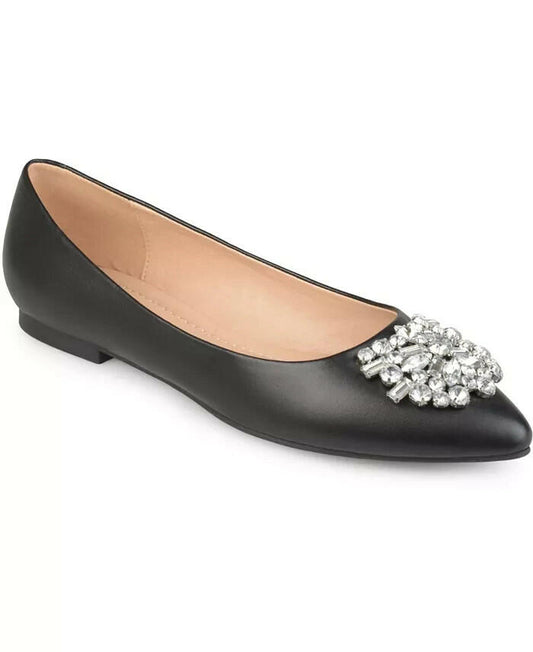 Journee Collection Womens Renzo Jeweled Flats Faux Leather Pointed Toe Black 7M