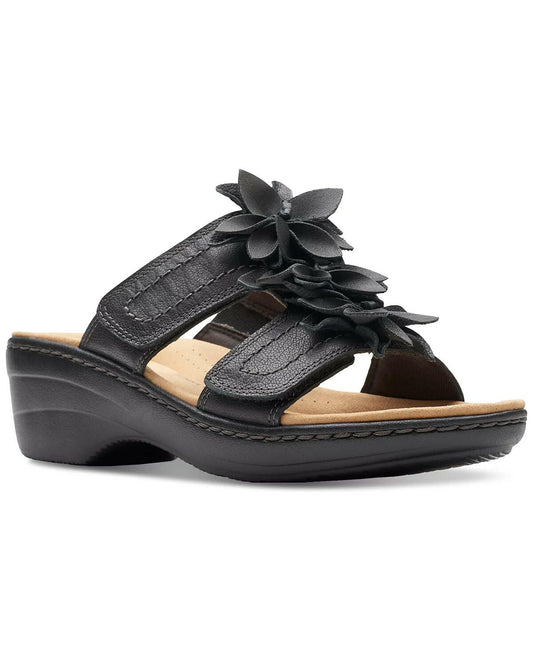 Clarks Womens Merliah Raelyn Flower Wedge Sandals Black Leather 7 MSRP $94