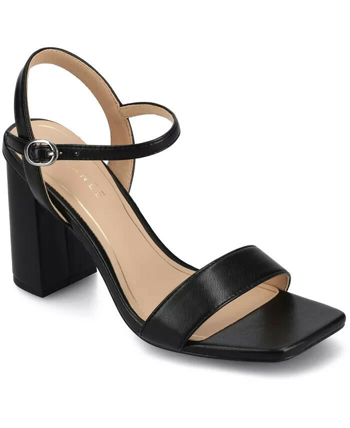 Journee Collection Tivona Block Heel Sandals Black Smooth Size 6 MSRP $108