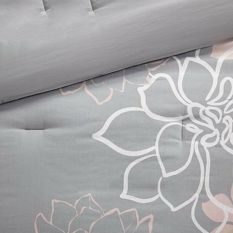 Madison Park Lola 7-Pc King Comforter Set Gray Peach Floral Cotton MSRP $270