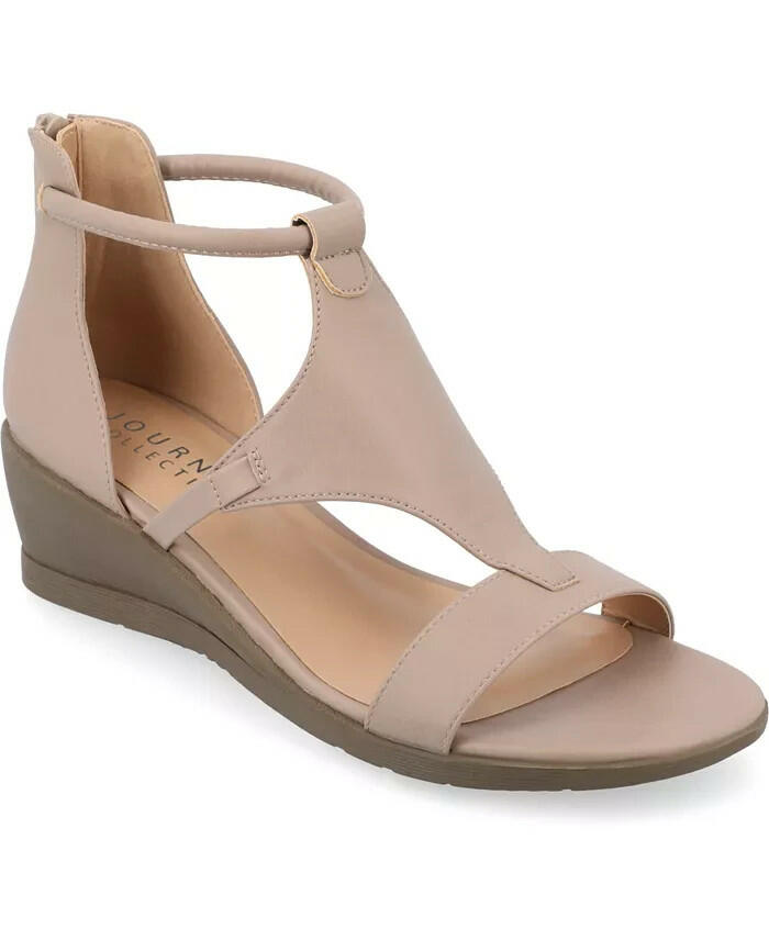 Journee Collection Trayle Wedge Sandals Taupe Beige 7.5 Ankle Strap Open Toe $94