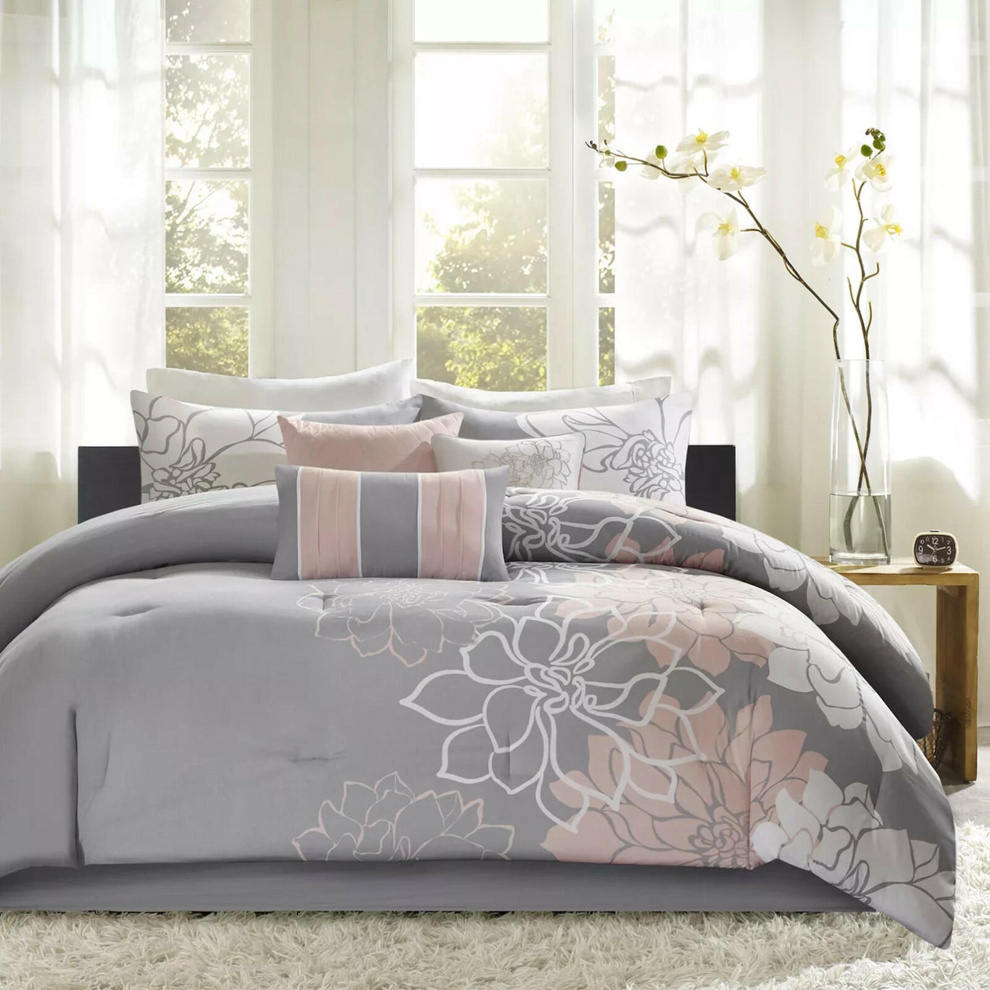 Madison Park Lola 7-Pc King Comforter Set Gray Peach Floral Cotton MSRP $270