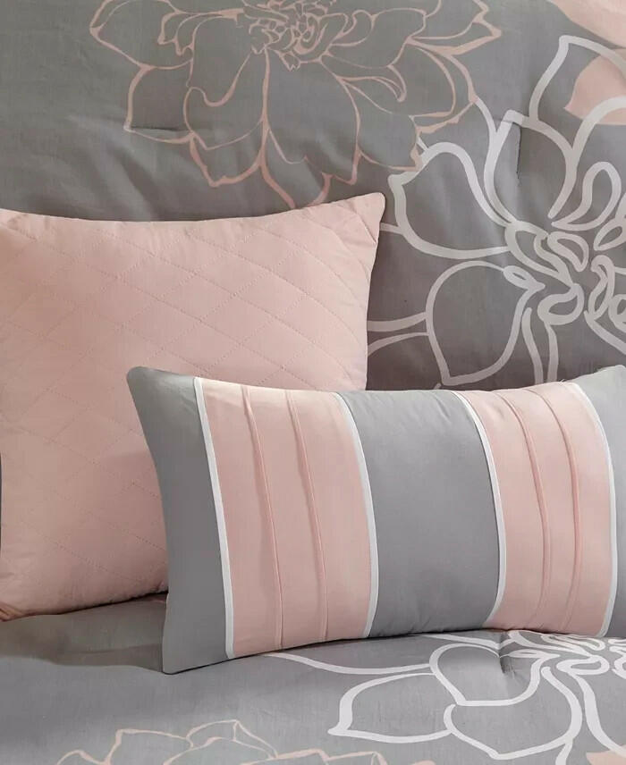 Madison Park Lola 7-Pc King Comforter Set Gray Peach Floral Cotton MSRP $270