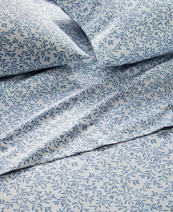 Charter Club 550TC 3-Pc Twin Cotton Sheet Set Botanical Blue MSRP $70