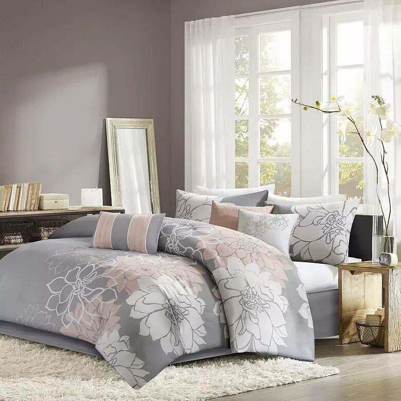 Madison Park Lola 7-Pc King Comforter Set Gray Peach Floral Cotton MSRP $270