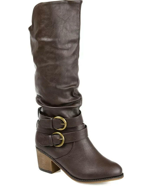 Journee Collection Late Rouched Buckle Boot Dark Brown 10 New $120