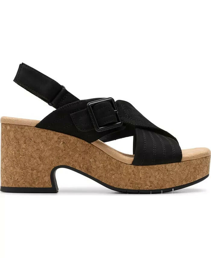 Clarks Collection Nerisa West Buckle Wedge Sandals 7.5 Black MSRP $99