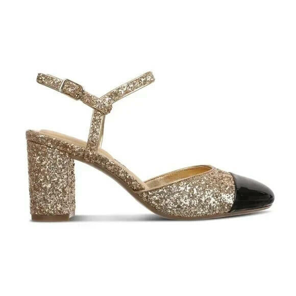 On 34th Dotti Cap Toe Block Heel Pumps Gold Black 6 Ankle Strap $70
