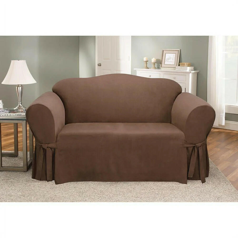 Sure Fit Soft Faux Suede Loveseat Slipcover Chocolate Brown Washable MSRP $99