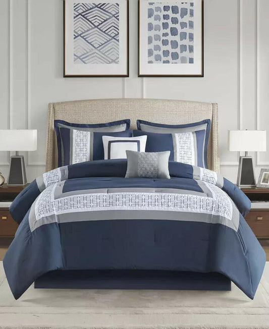 510 Design Powell 8 Piece Embroidered Comforter Set King Navy MSRP $230