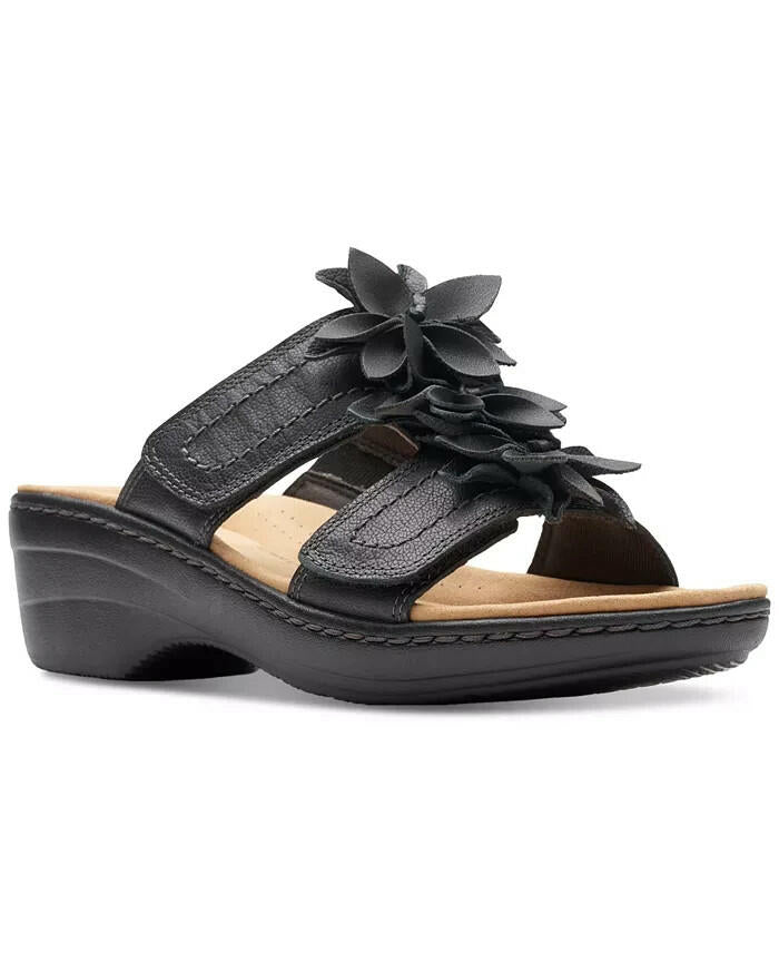 Clarks Merliah Raelyn Flower Wedge Sandals 8 Black Leather MSRP $100