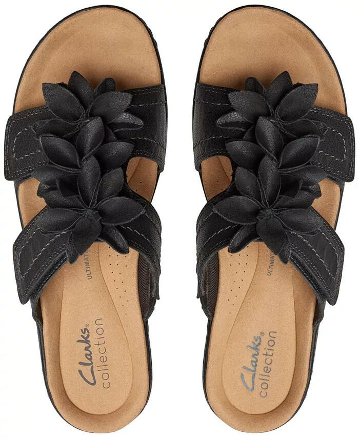 Clarks Merliah Raelyn Flower Wedge Sandals 8 Black Leather MSRP $100