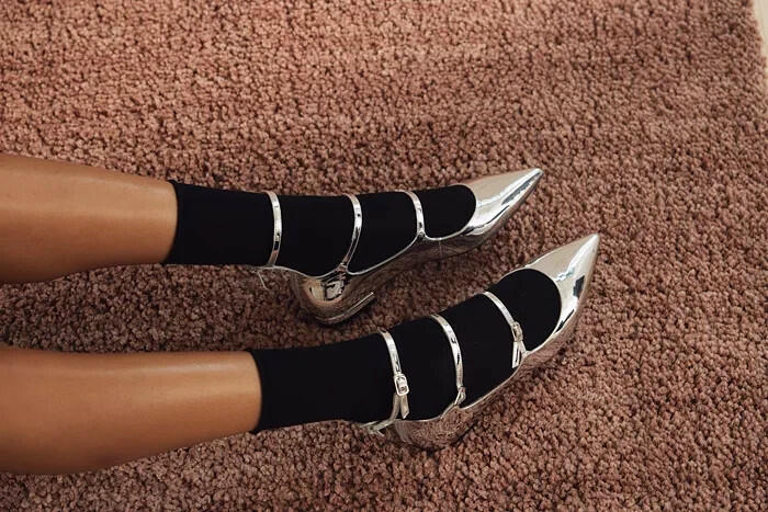I.N.C. Valan Triple Strap Silver Flats Women's Size 6 Pointed Toe Zip Back $80